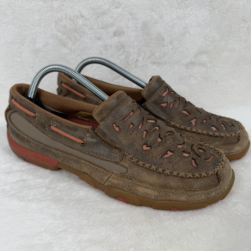 Twisted X Driving Moc Loafers Womens Size 10M Brown Distressed Leather Slip On